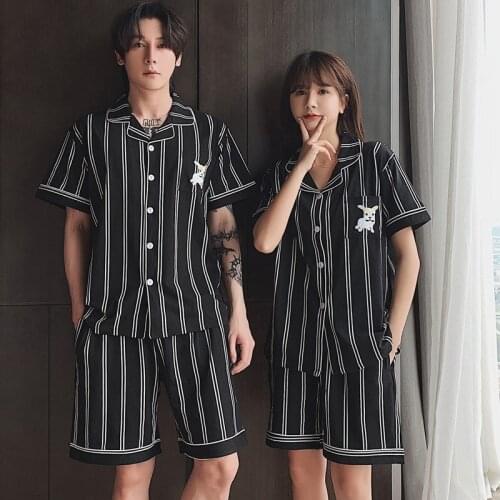 2021 Summer Couples 100% Cotton Casual Striped Short Sleeve Pajama Sets for Women Shorts Sleepwear Pyjamas Men Homewear Clothes