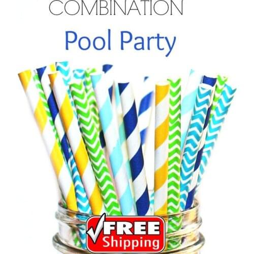 250pcs Mixed 5 Designs POOL PARTY Themed Paper Straws - Aqua,Green,Navy,Yellow-Striped,Chevron,Cheap Paper Drinking Straws,Bulk