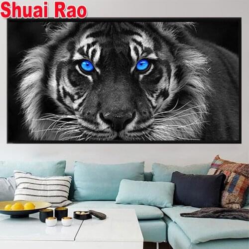 5D DIY diamond painting Black and white animal art, tiger cross stitch full diamond Emeroidery mosaic painting home decor