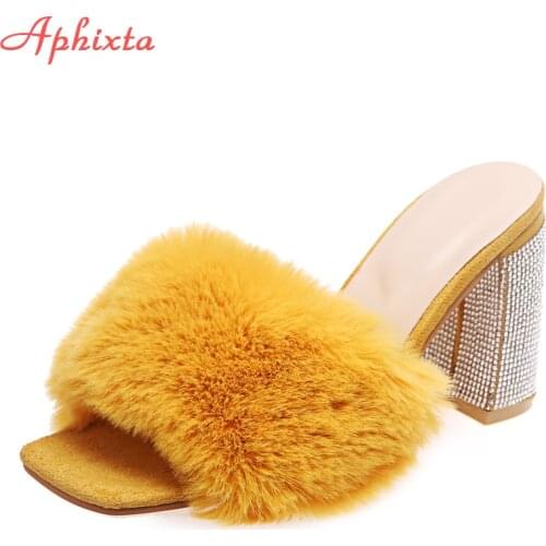 Aphixta 2021 New Crystals Square Heels Slides Women Fur Peep Toe Women Fashion Outside Sippers Open Toe Mujer Elegant Shoes