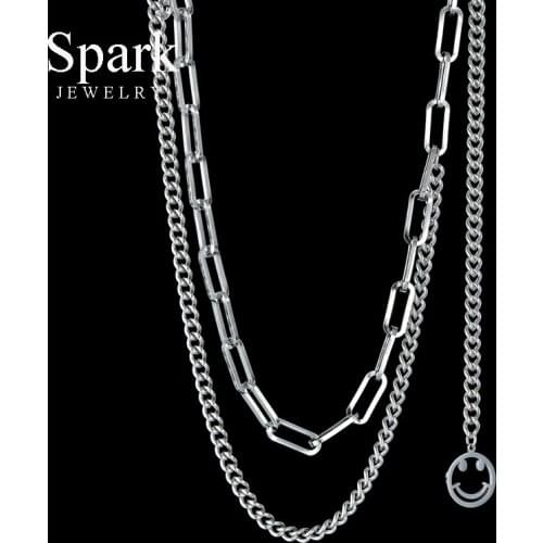 Spark Punk Stainless Steel Hollow Smiley Face Pendant Necklace Multi-layer Chain Necklaces For Women Men Party Gift Bijoux