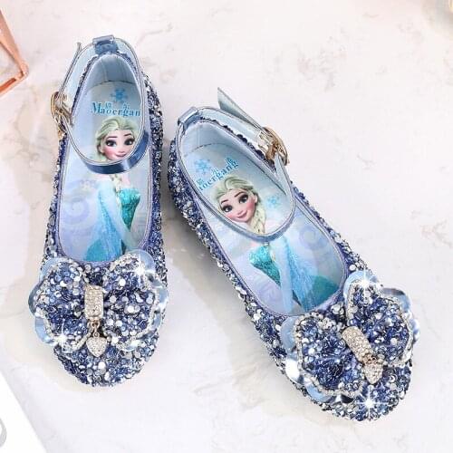 Disney childrens shoes spring new baby girls soft-soled non-slip crystal princess shoes Korean frozen elsa leather shoes