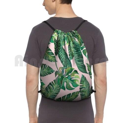 Jungle Leaves , Banana , Monstera Pink Backpack Drawstring Bags Gym Bag Waterproof Ink Pattern Watercolor Banana Monstera