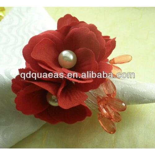 Crystal napkin ring red silk flower, beaded wedding napkin holder