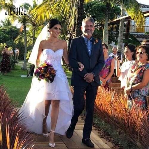 JIERUIZE Fashio Organza Boho Wedding Dresses Sweetheart Neck Appliques High Low Bridal Gowns Lace Up Back vestido de noiva