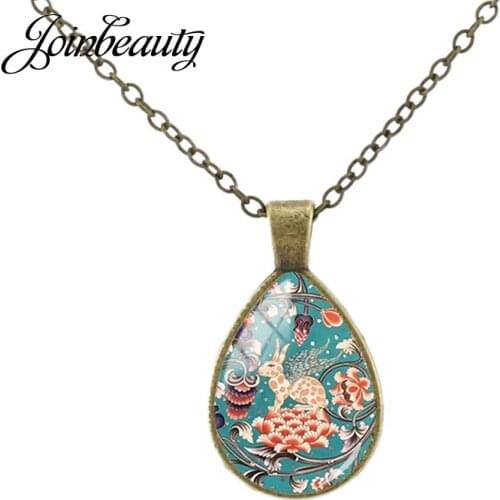 JOINBEAUTY Art Picture Rabbit Flower Tear Drop Pendant Necklace Handmade Vintage Long Chain Birthday Party Jewelry Souvenir FL32