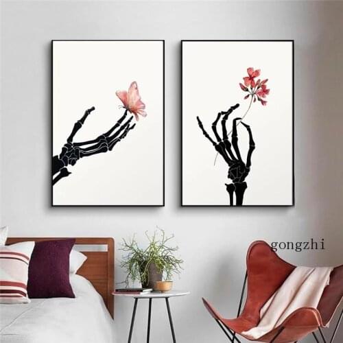 Skeleton Hand with Watercolor Flower Butterfly Nordic Posters Minimalist Abstract Canvas Painting Wall Art Pictures Home Decor