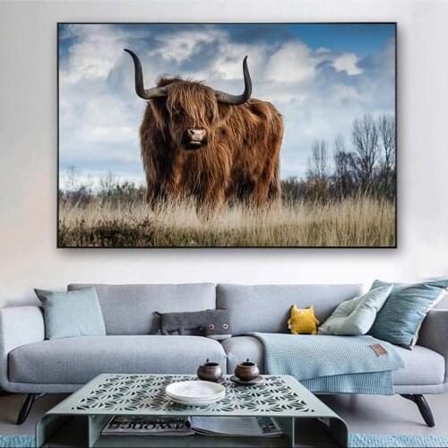 Highland Cow on the Grass Nordic Art Posters And Prints Animals Art Pictures Wall Decor Landscape Paintings For Living Room