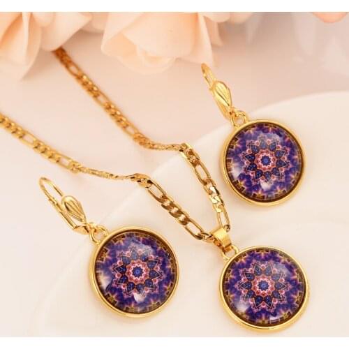 Gold crystal totem religious coin belief personality set woman/girl necklace earring set wedding bride jewelry holiday gift set