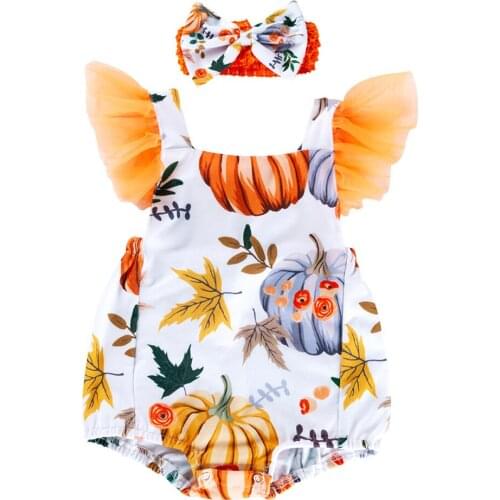 0-24M Baby Halloween Clothing Toddler Baby Girl Off Shoulder Lace Pumkin Printed Romper Jumpsuit Headband 2Pcs Set