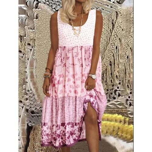 Summer Women Vintage Beach Dresses Elegant O-Neck Sleeveless Loose Midi Dress Ladies Casual Patchwork Party Dress Vestidos