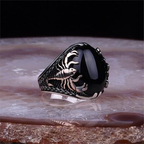 Scorpion Pattern Agate Gemstone 925 Sterling 925 K Silver Men 'S Ring