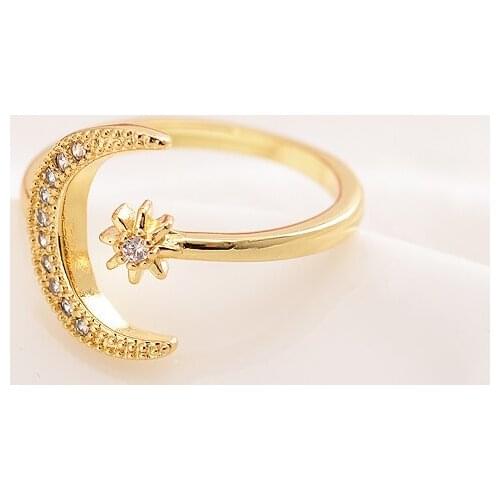 Crescent Moon Star Ring 18k Yellow Gold Plate CZ Band Size Open NEW