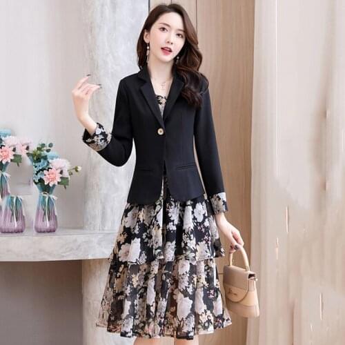 2021 Spring Autumn Womens New Fashion Large size Korean Single Button Suit Jacket + Floral Chiffon Dress Suit Female s301