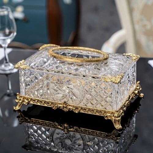 Zq European-Style Transparent Crystal Glass with Copper Tissue Box Luxury High-End Living Room Restaurant Home Decoration