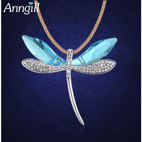Luxury Crystals From Swarovski Dragonfly Long Statement Necklace Gold Color Sweater Chain Ladies Necklaces Jewelry Accessories