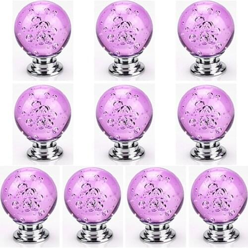 10Pcs Crystal Bubble Ball Handle Creative Doorknob For Cabinet Drawer Wardrobe Door Home Furniture Hardware Accessories- Purple