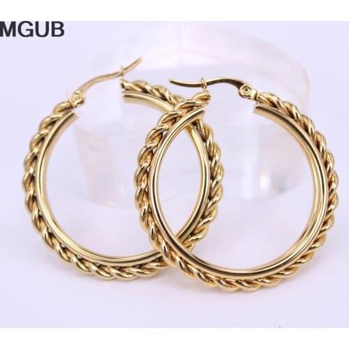MGUB stainless steel braid earring gold color 5mm wide Fashion womens accessories 40mm size Discount Wholesale LH515