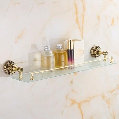 Vidric Bathroom Shelves Antique Brass 1 Tier Glass Shelf Cosmetic Storage Shower Holder Wall Mounted Luxury Accessories WC Rack