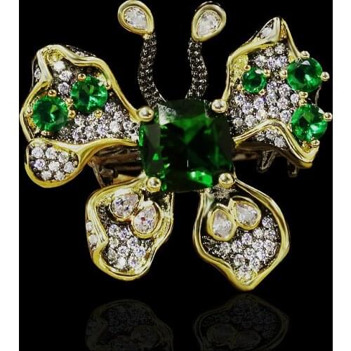 Vintage Fashion Butterfly Green Zircon Ring Exquisite 925 Silver Butterfly Ring Attending Party Jewelry Shiny Green Zircon