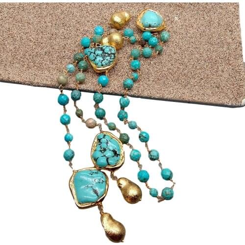 YYGEM 36'' multi shape Green Turquoise Rosary Gold Color Brushed Beads Long sweater Chain Necklace 36"