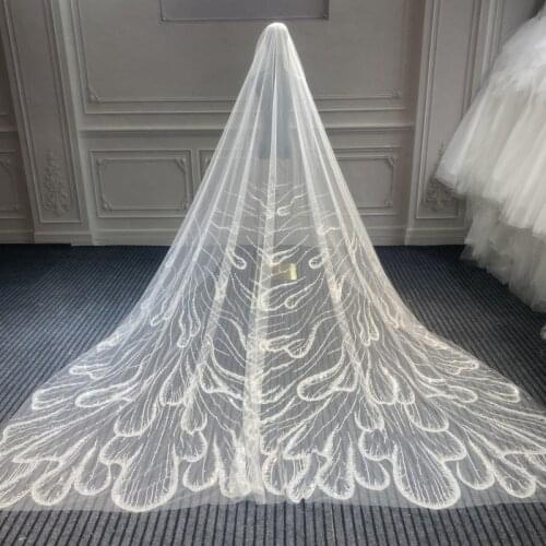 Marnham Wedding Veil Long Luxury Cathedral Bridal Veil For Bride Woman Sequin Beaded Lace One Layer Wedding Accessories