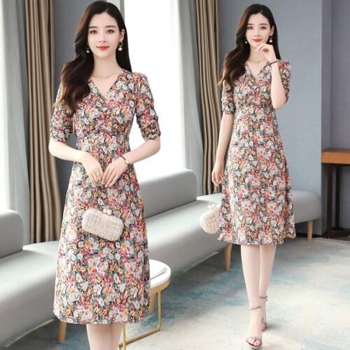 2021 High Quality Chiffon Painting Dress Summer Vintage Chic Print Plus Size Midi Sundress Women Elegant Bodycon Party Vestidos