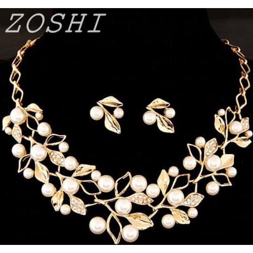 ZOSHI Sweet Style Imitation Pearl Beaded Crystal Leaf Gold Chains Necklace Earrings Wedding Jewelry Set For Lady 2pcs/set