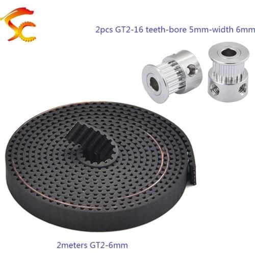 2pcs GT2 Pulley 16 Teeth Bore 5mm synchronous wheel + 2M GT2 timing belt for 3D Printer Parts RepRap Prusa