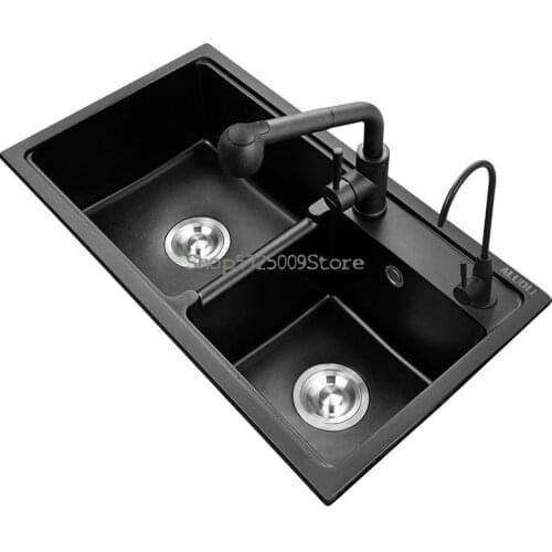 Household Quartz Stone Sink Sink Double Basin Granite Under Counter Basin Kitchen Sink Black Dishwasher