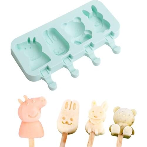 Eco-Friendly Creative 4 Cartoon Animals Silicone Resin Popsicle Mold Ice Cream Cake Molds Kitchen Gadgets Dining Bar Accessories