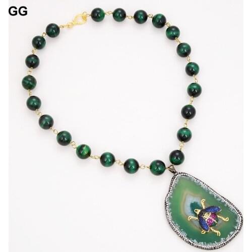 GuaiGuai Jewelry Natural 14mm Green Tigers Eye Necklace Nugget Green Agates Cz Insect Pendant 18" For Women