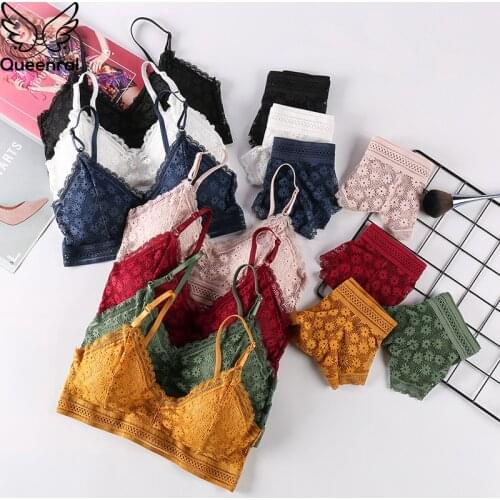 Queenral Sexy Lace Underwear Set For Women Brassiere Panties Set Lingerie Padded Bralette Briefs Ultrathin Female Intimates Suit