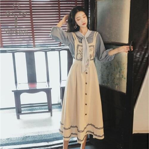 YOSIMI 2021 Spring Summer 2 Piece Outfits Sets Suit Blue Shirt Blouse and Embroidery Strapless Dress Mid-calf Skirt and Top Set