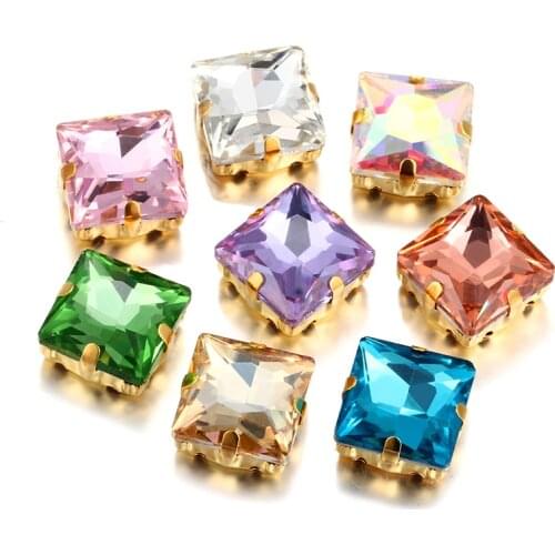 Crystal AB Square Crystal Rhinestone Glass Stone Sew Applique wiht Golden Claw for Craft Clothing Jewelry accessories Decoration