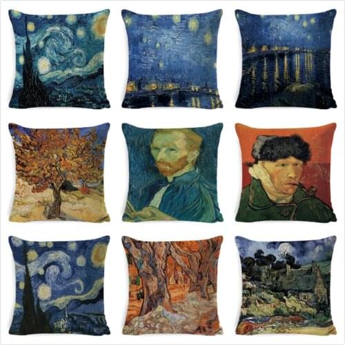 Van Gogh Oil Painting Cushion Cover Sofa Home Decorative Pillow Case Sunflower Self-portrait Starry Sky Print Pillowcase cojines