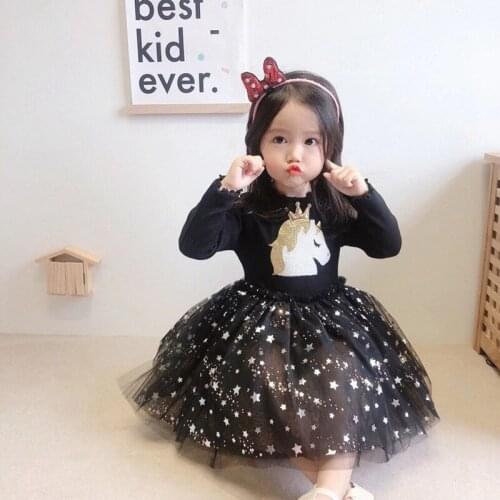 Autumn Kids Dresses for Girls Unicorn Long Sleeve Princess Dress Star Sequins Cute Mesh Costume Vestidos Little Girls Clothes