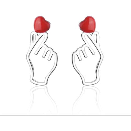 Than heart red hand niche exquisite Sen enthusiasm cute trend girl wind silver plated stud earrings WE023