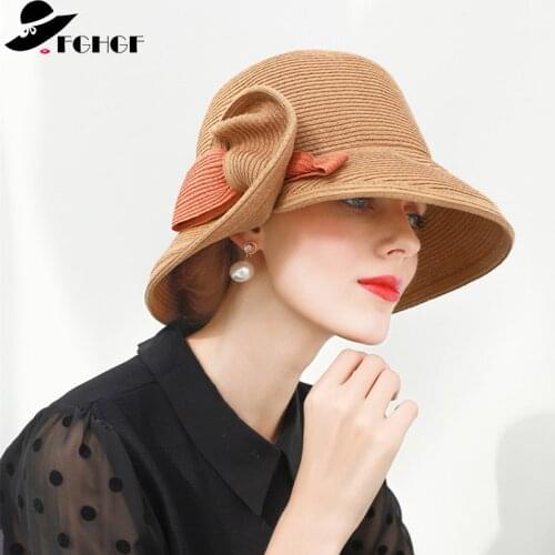 FGHGF Women Straw Hat Fashion Elegant Sun Protection Wide Brim Bucket Sun Hat Ladies Summer Beach Cap Kentucky Derby Party Hats