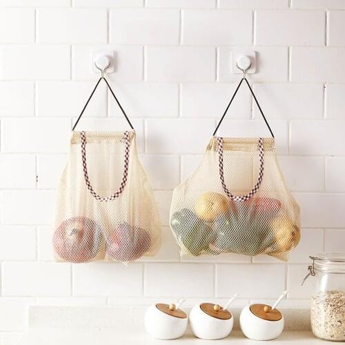 Fruit Storage Bag Hanging Vegetable Storage Bag Reusable Mesh Bags Washable Storage Eco-Friendly Handbag Beige Home Organizer