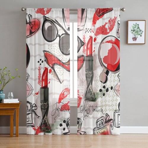 High Heel Glasses Cosmetics Lipstick Curtains For Living Room Bedroom Transparent Tulle Curtains Window Drapes Sheer Curtain