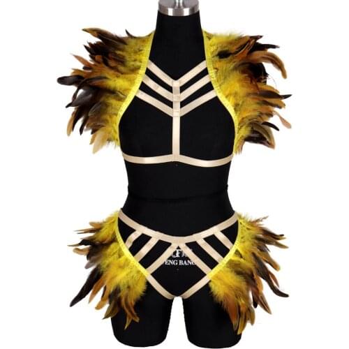 Yellow Feather Lingerie Set Belt Crop Top Shawl Bondage Chest Art Dance Rave Women Punk Goth Burning Body Harness Bra Garter