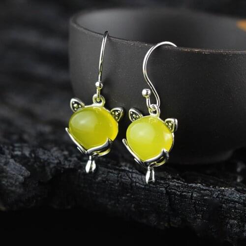 Female Cute Fox Crystal Dangle Earrings Luxury White Moonstone Drop Earrings Vintage Sterling Silver Wedding Earrings For Women