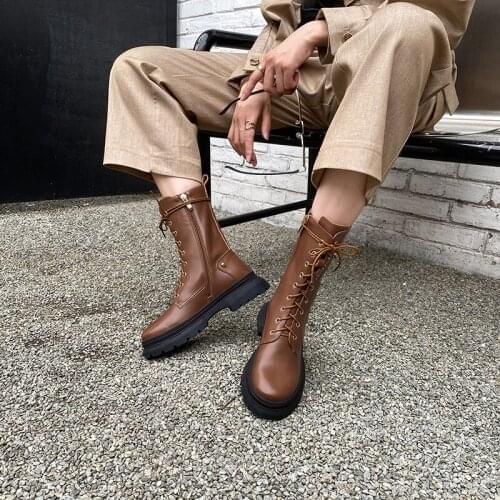 Genuine Cow Leather Martin boots womens thick-soled flat heel 2020 autumn British style round toe ankle boots women