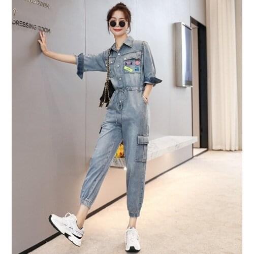 Safari Style Summer Short Sleeve Denim Jumpsuits Women Button Cargo Overalls High Street Fashion Female High Waist Jeans Rompers