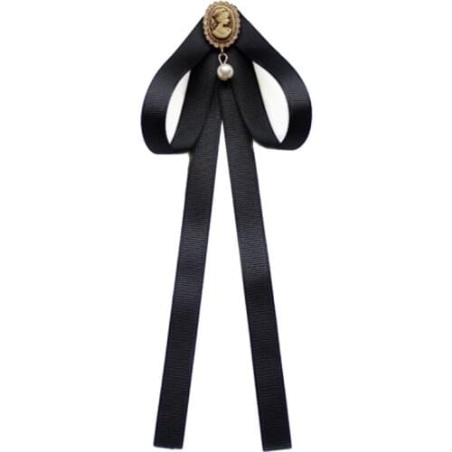 F3MD Imitation Pearl Ribbon Brooches Pin Bow Tie Vintage Pre-Tied Collar Jewelry Bowknot Shirt Necktie Clip for Women Girls