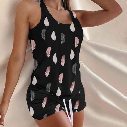 2021 Tracksuit Women Two Piece Short Sets Ladies Casual Anchor Feather Print Vest Shirt Top + Drawstring Shorts Suits 2021