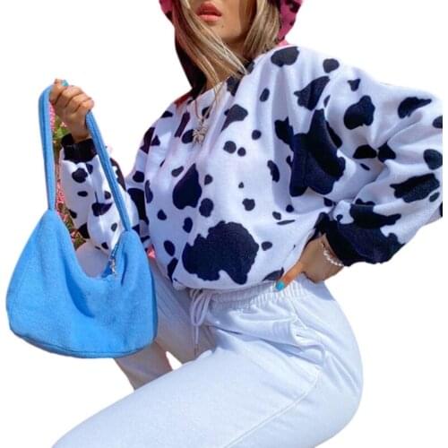 Women Long Sleeve O-Neck Sweatshirt Harajuku Black White Cow Printed Crop Top Elastic Waist Oversized Loose Streetwear