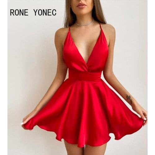 Women Solid Spaghetti Strap Deep V neck Wrap A Line Mini Bodycon Sexy Party Red Dress
