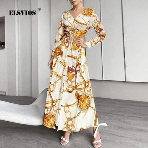 2021 Spring Autumn Women Casual Vacation Long Dress Elegant Printed V Neck Long Sleeve Slim Dress Ladies Fashion Dresses Vestido